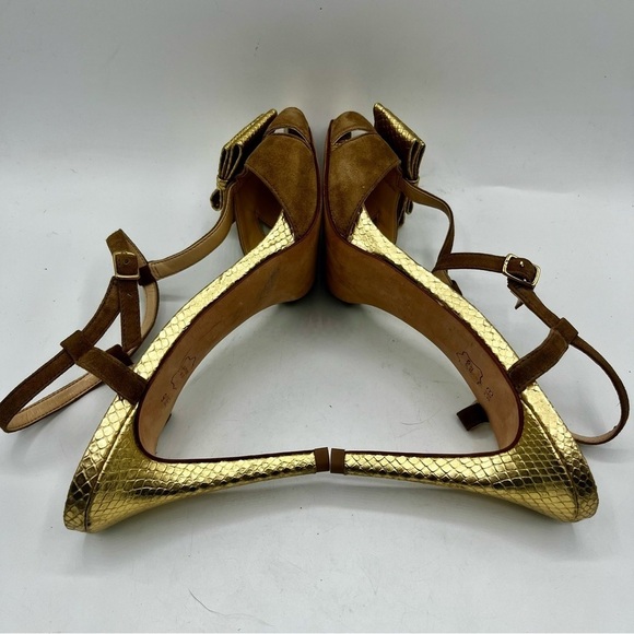 Talbots Gold Embossed Leather Tan Suede Open Toe Bow Accent Heeled Sandals 9.5B - Picture 12 of 12